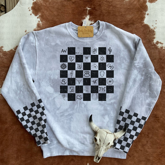 Western Symbols Checkered Sleeve Sweatshirt
