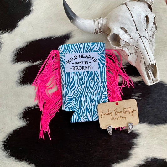 Wild Hearts Blue Zebra Slim Fringe Koozie