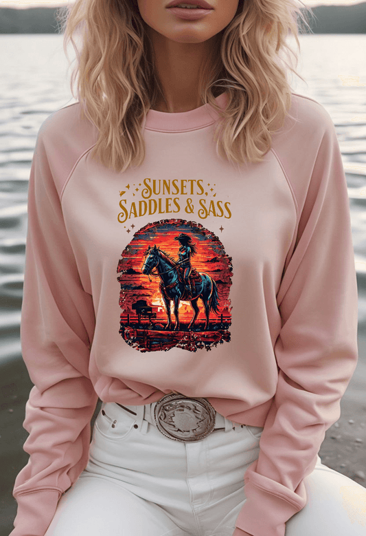 Sunsets Saddles and Sass Softstyle Fleece Crewneck Sweatshirt