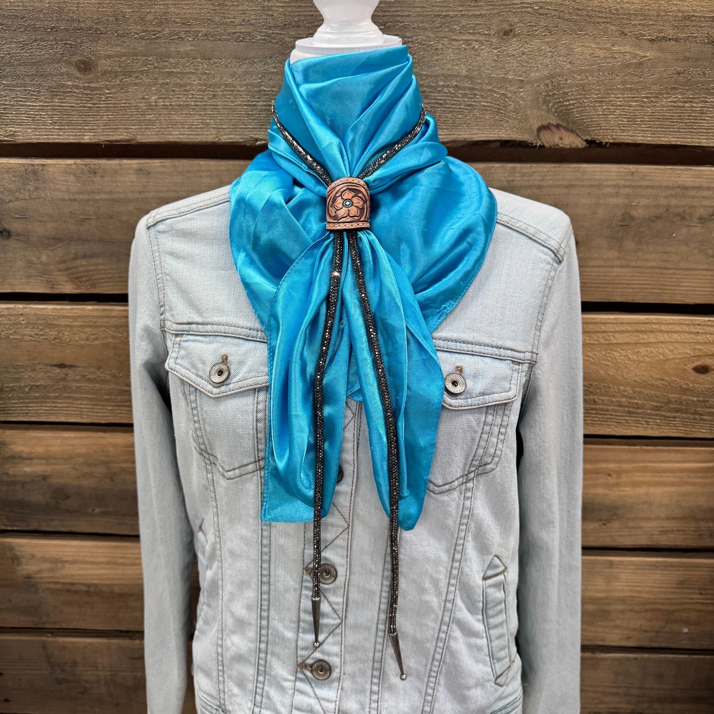 35X35" Solid Aqua Wild Rag / Scarf - Leather Slide and Bolo Tie