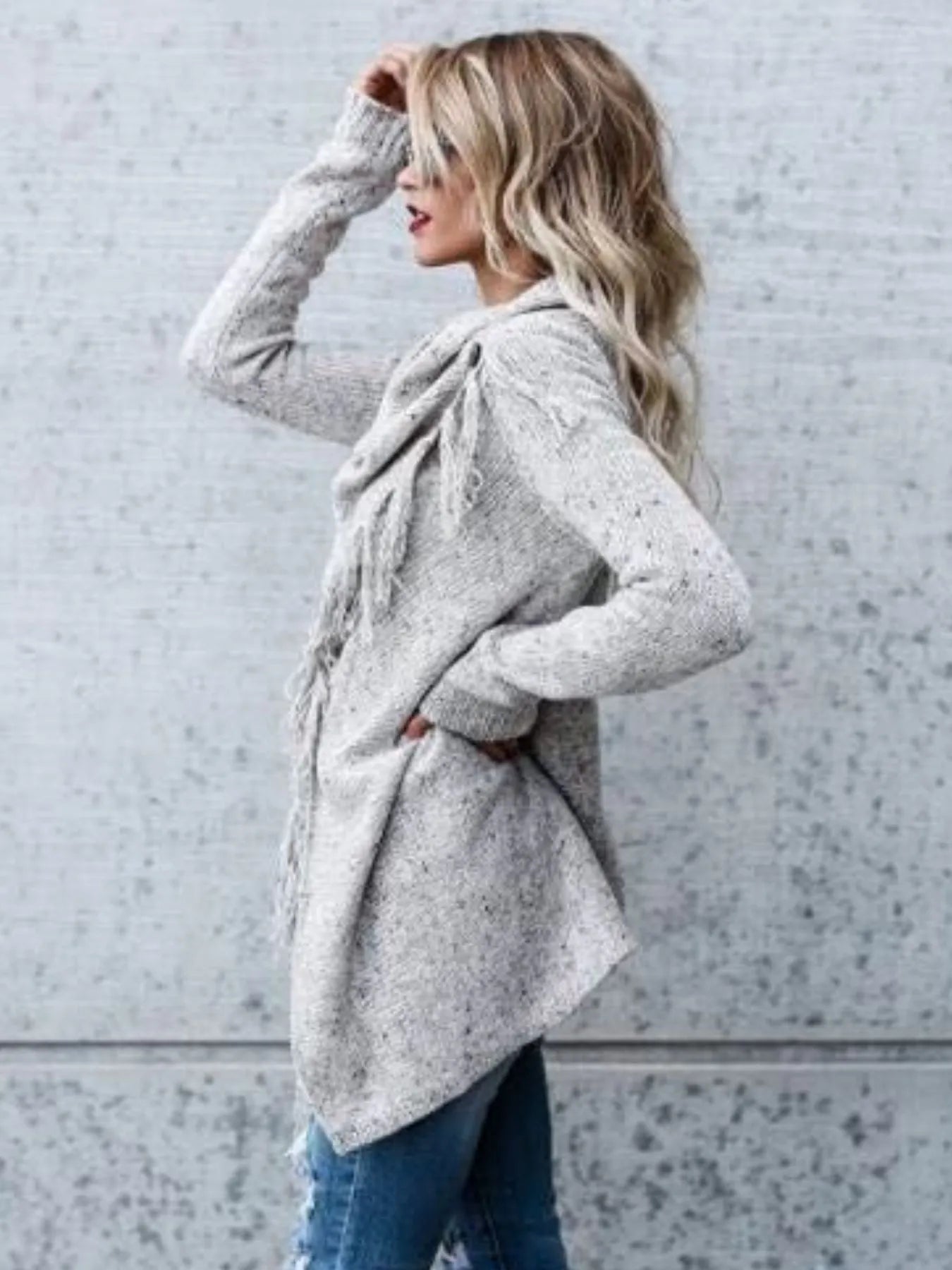 Fringe Long Sleeve Wrap Cardigan Button Fasten