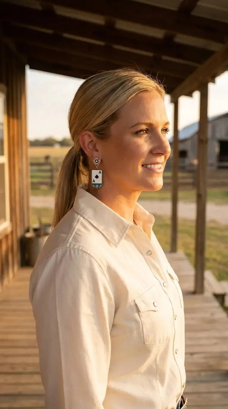 Ace of Spades Western Earrings with Faux Turquoise — 2" Drop