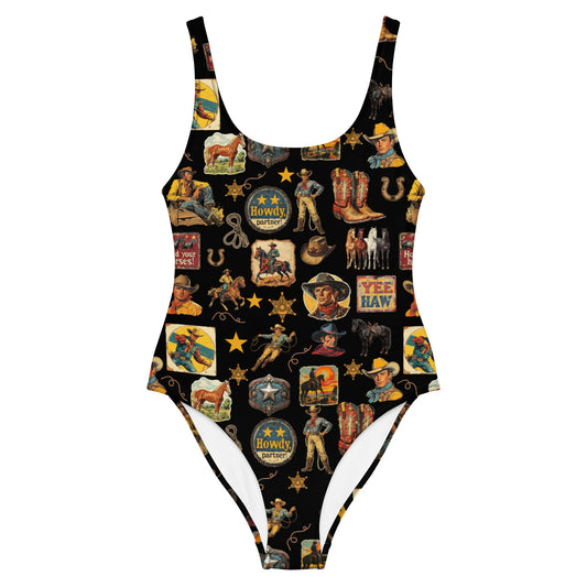Baha Ranch Yeehaw Vintage Cowboy Collage Western One-Piece Swimsuit