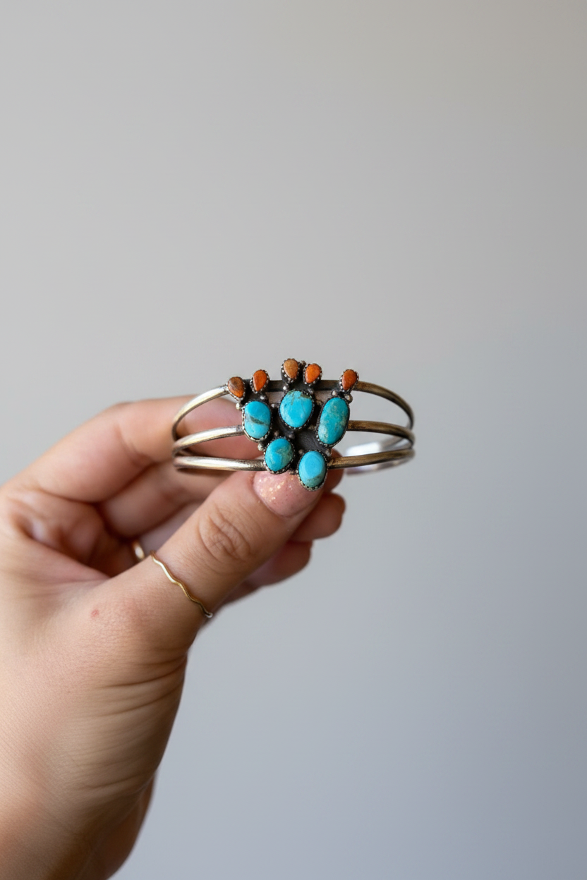 Alvord Turquoise + Apple Coral Cactus Cuff Bracelet