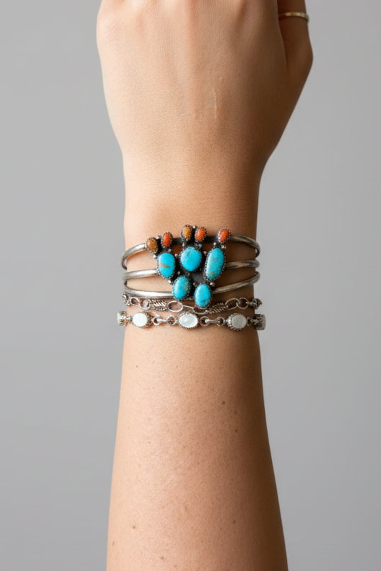 Alvord Turquoise + Apple Coral Cactus Cuff Bracelet