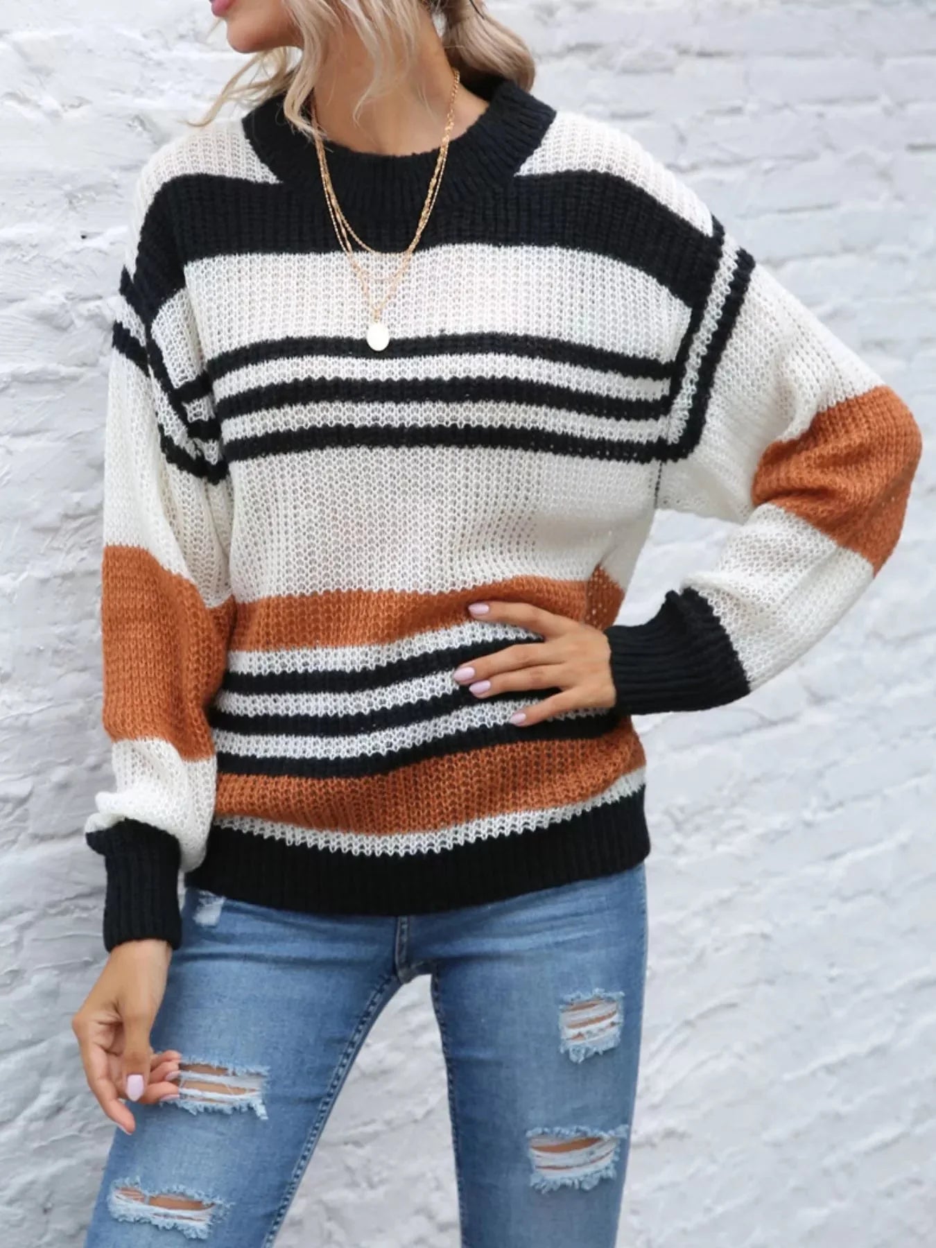 Annie Striped Round Neck Knit Sweater