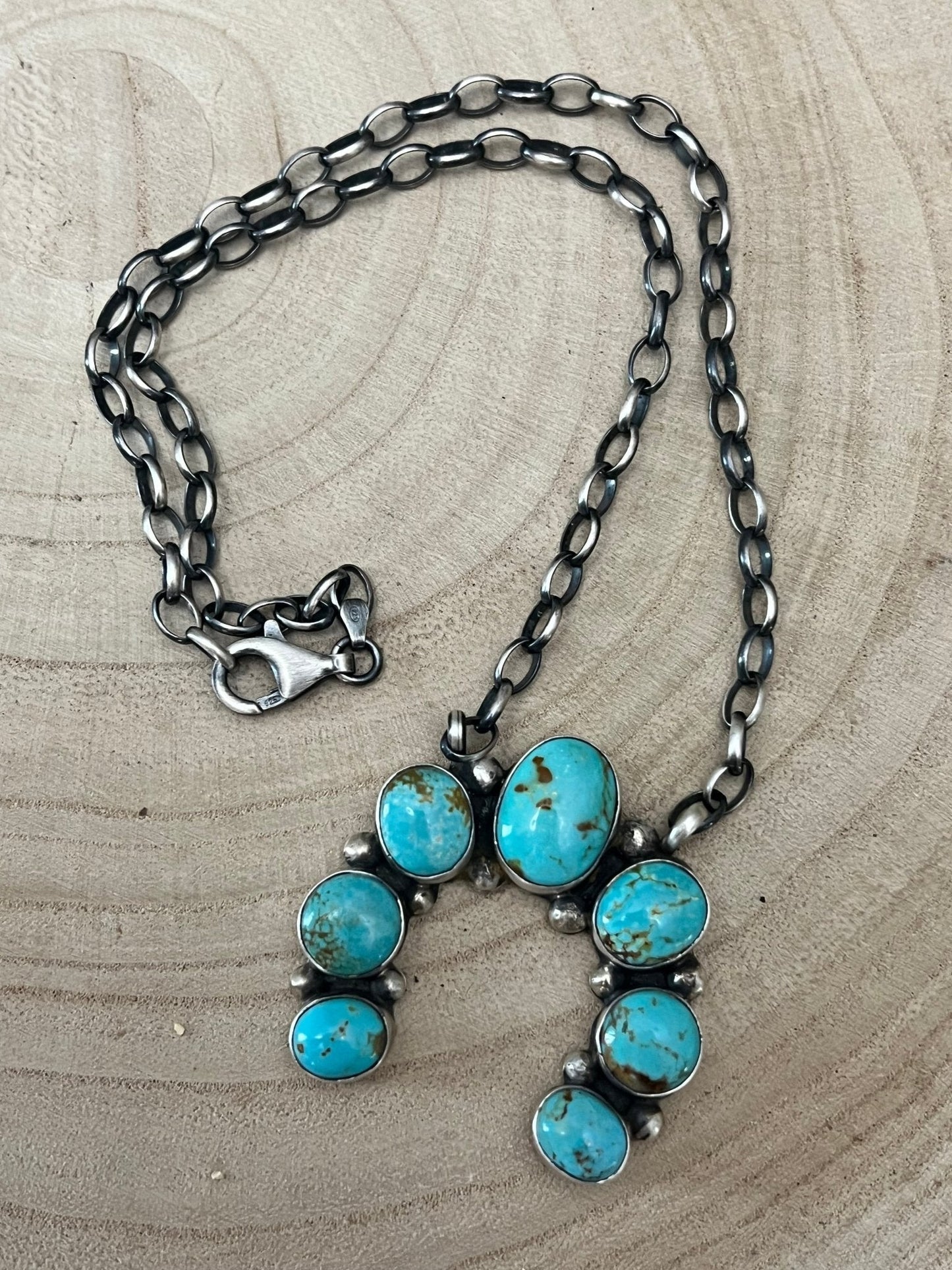 Augustine Largo Navajo Handmade Sterling Silver Kingman Turquoise Naja Necklace — 18" (Signed)