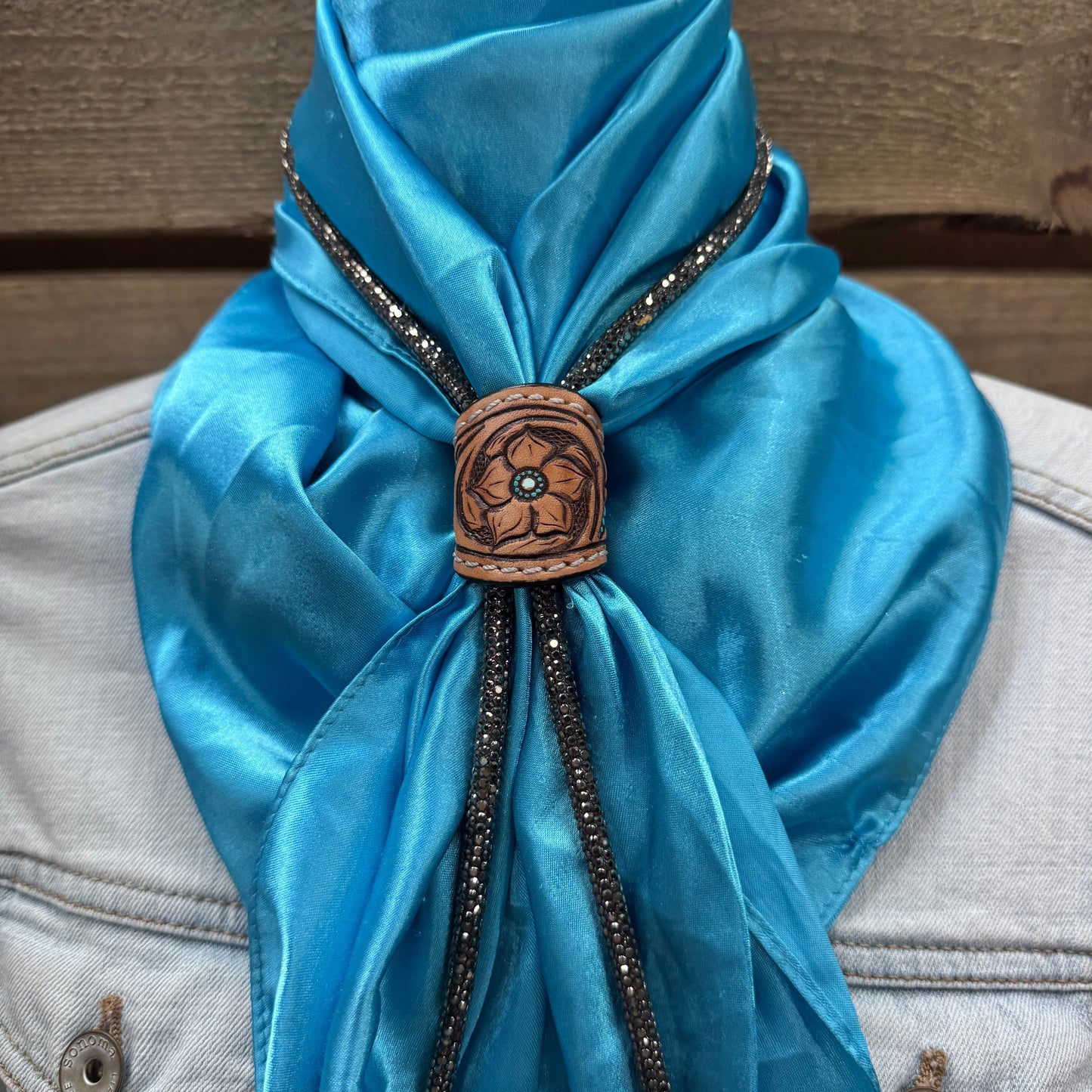 35X35" Solid Aqua Wild Rag / Scarf - Leather Slide and Bolo Tie