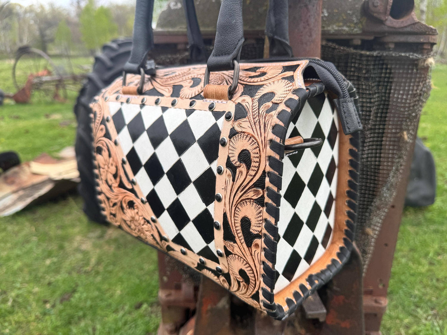 Luxe Tooled Leather Starry Night Rhinestone Stud Checkered Speedy Bag
