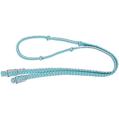 Tough1® Metallic Cord Knotted Roping Reins- TURQ/SILVER