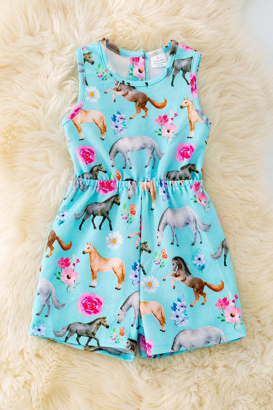 MULTI-PRINTED HORSE ROMPER W/FLOWER PRINT
