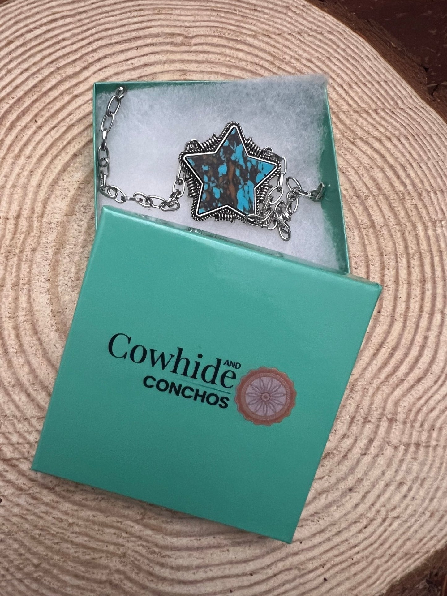 Barbed Star Western Pendant Necklace with Faux Turquoise — 18 Inch with Extender