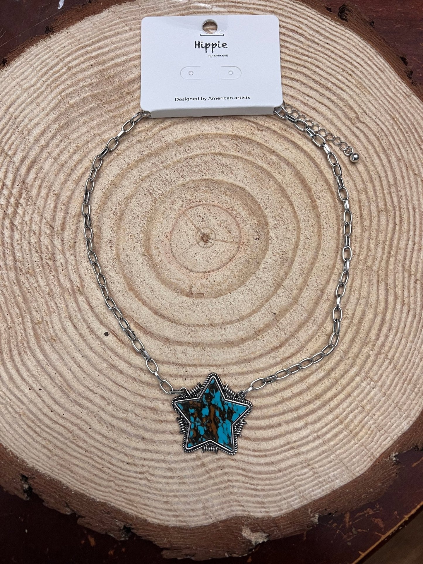 Barbed Star Western Pendant Necklace with Faux Turquoise — 18 Inch with Extender