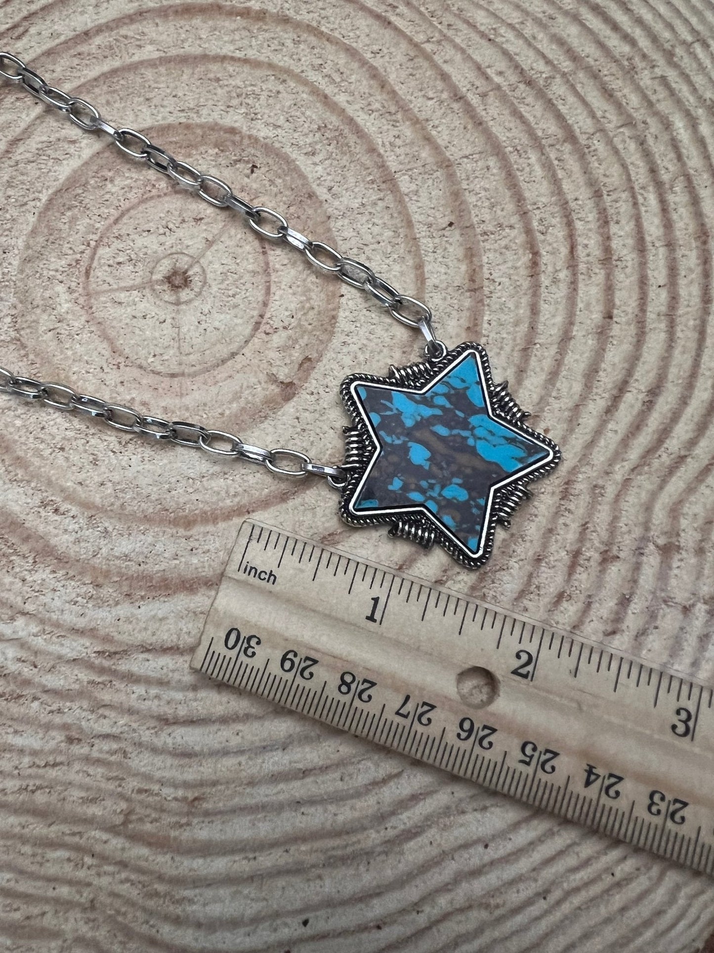 Barbed Star Western Pendant Necklace with Faux Turquoise — 18 Inch with Extender
