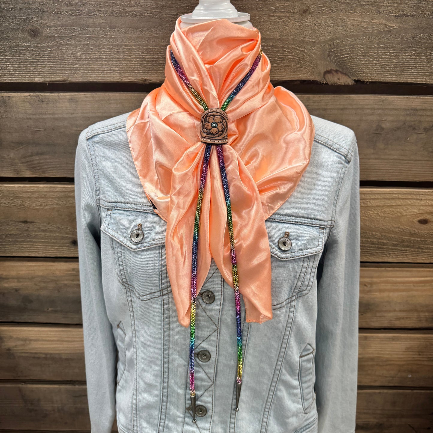 35X35" Solid Peach Wild Rag / Scarf - Leather Slide and Bolo Tie