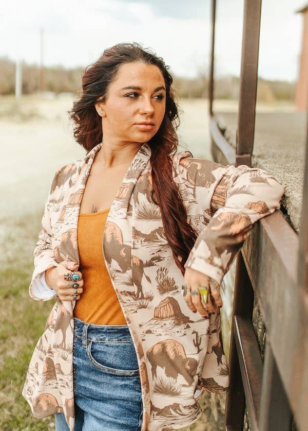 LUCKY & BLESSED Beige Roaming Buffalo French Terry Long-Sleeve Western Cardigan — Casual-to-Rodeo Layering Staple