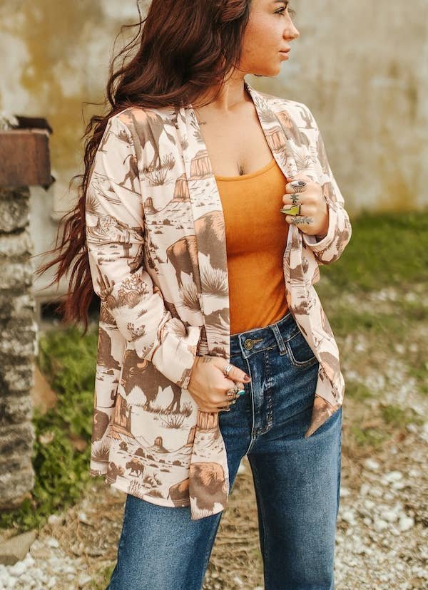 LUCKY & BLESSED Beige Roaming Buffalo French Terry Long-Sleeve Western Cardigan — Casual-to-Rodeo Layering Staple
