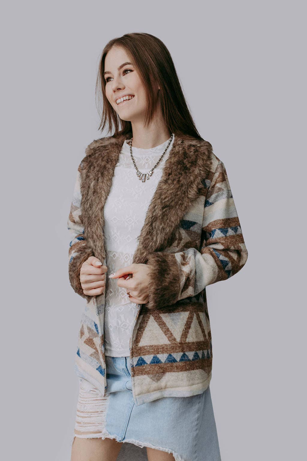 Merigold Kiss "Belle of the West" Southwest-Inspired Fur-Trimmed Western Coat — Faux Fur Lapel with Horn & Loop Closure (medium remains)