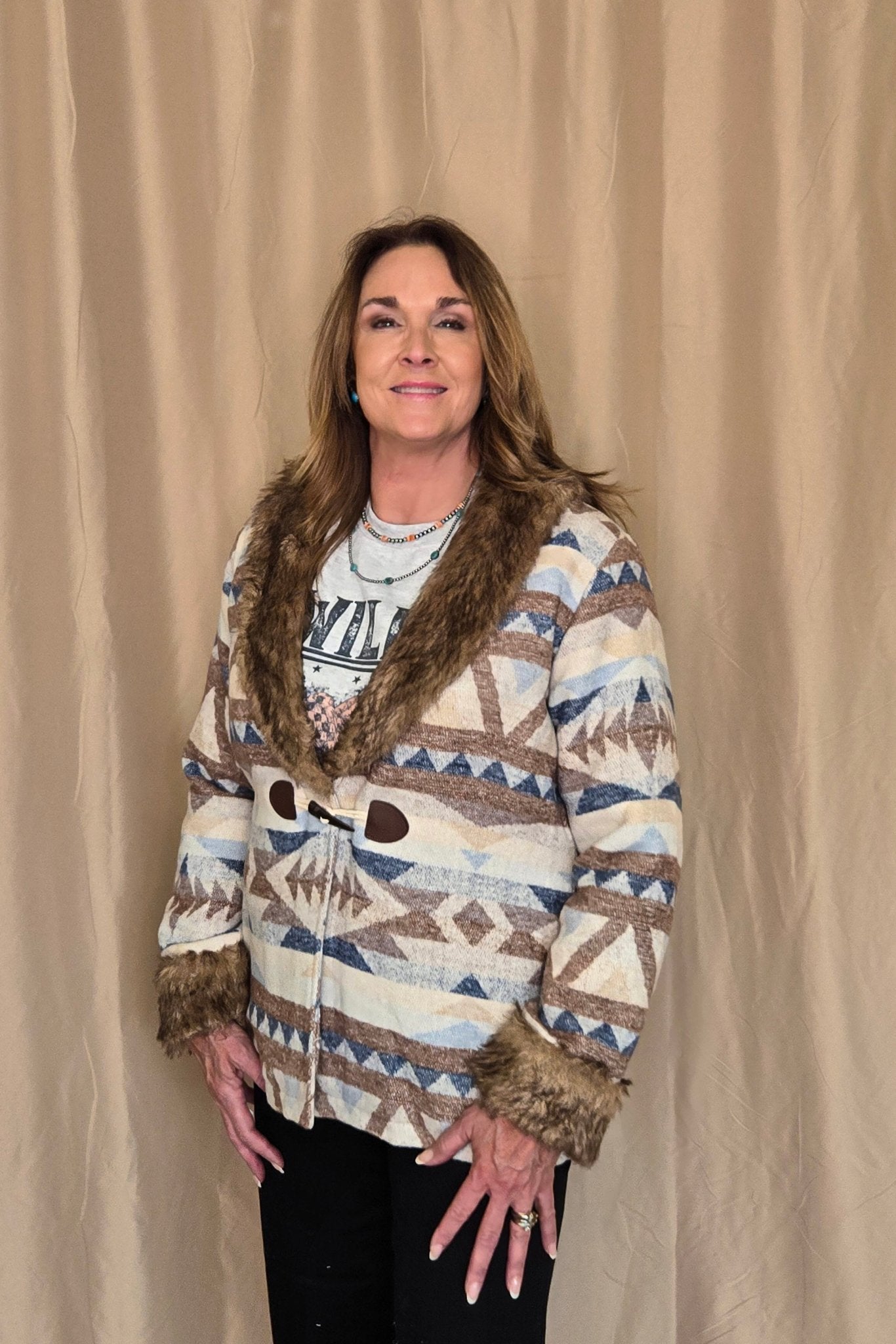 Merigold Kiss "Belle of the West" Southwest-Inspired Fur-Trimmed Western Coat — Faux Fur Lapel with Horn & Loop Closure (medium remains)