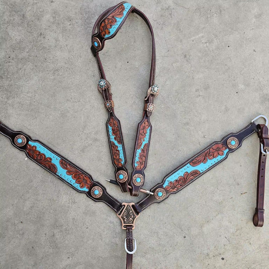 Made to Order Western Tack Set - Leather Tooled Turquoise (BHT083)