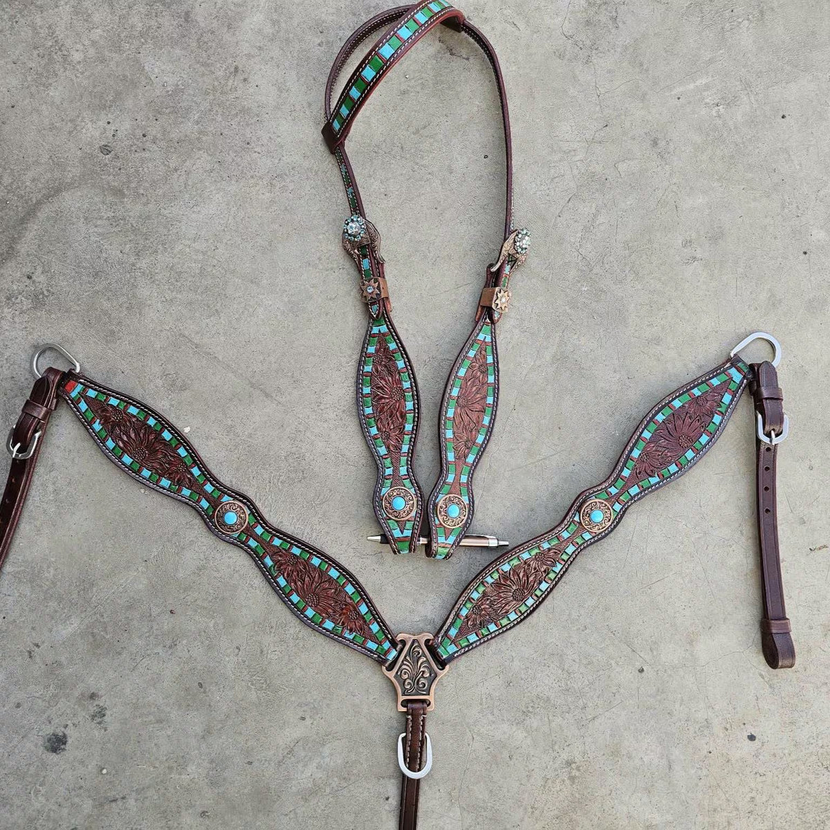 Made to Order Western Tack Set - Leather Tooled Turquoise & Green (BHT084)