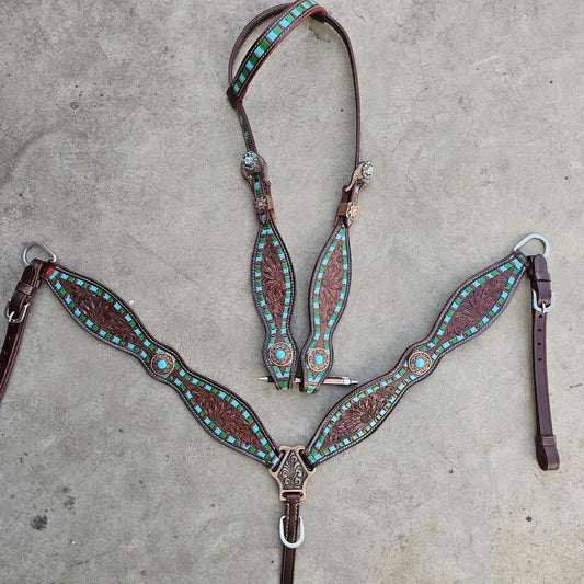 Made to Order Western Tack Set - Leather Tooled Turquoise & Green (BHT084)