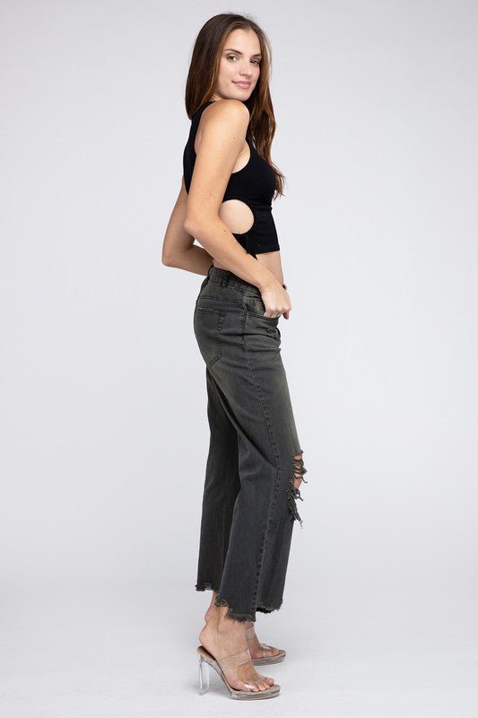 BiBi Distressed Vintage Washed Wide-Leg Western Pants — 100% Cotton Rigid Denim with Retro Worn-In Finish (Medium remaining)