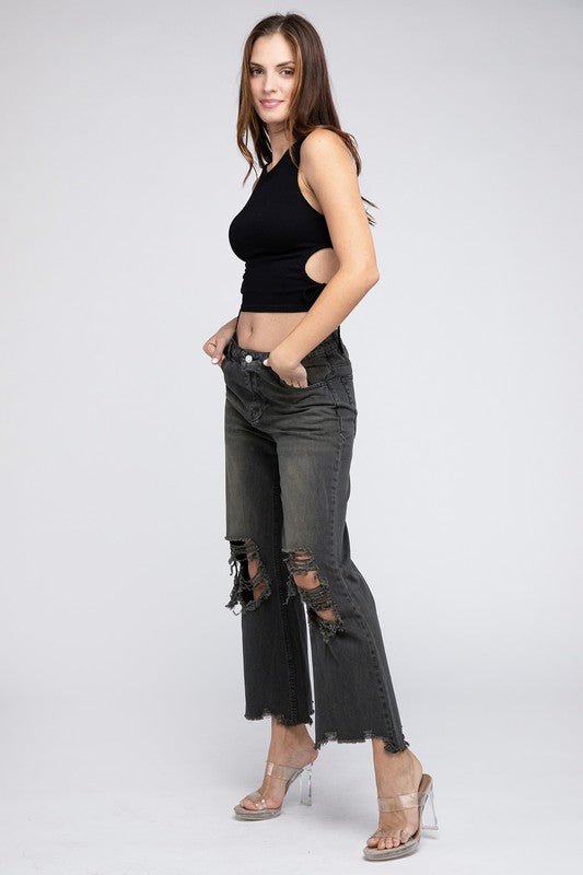 BiBi Distressed Vintage Washed Wide-Leg Western Pants — 100% Cotton Rigid Denim with Retro Worn-In Finish (Medium remaining)