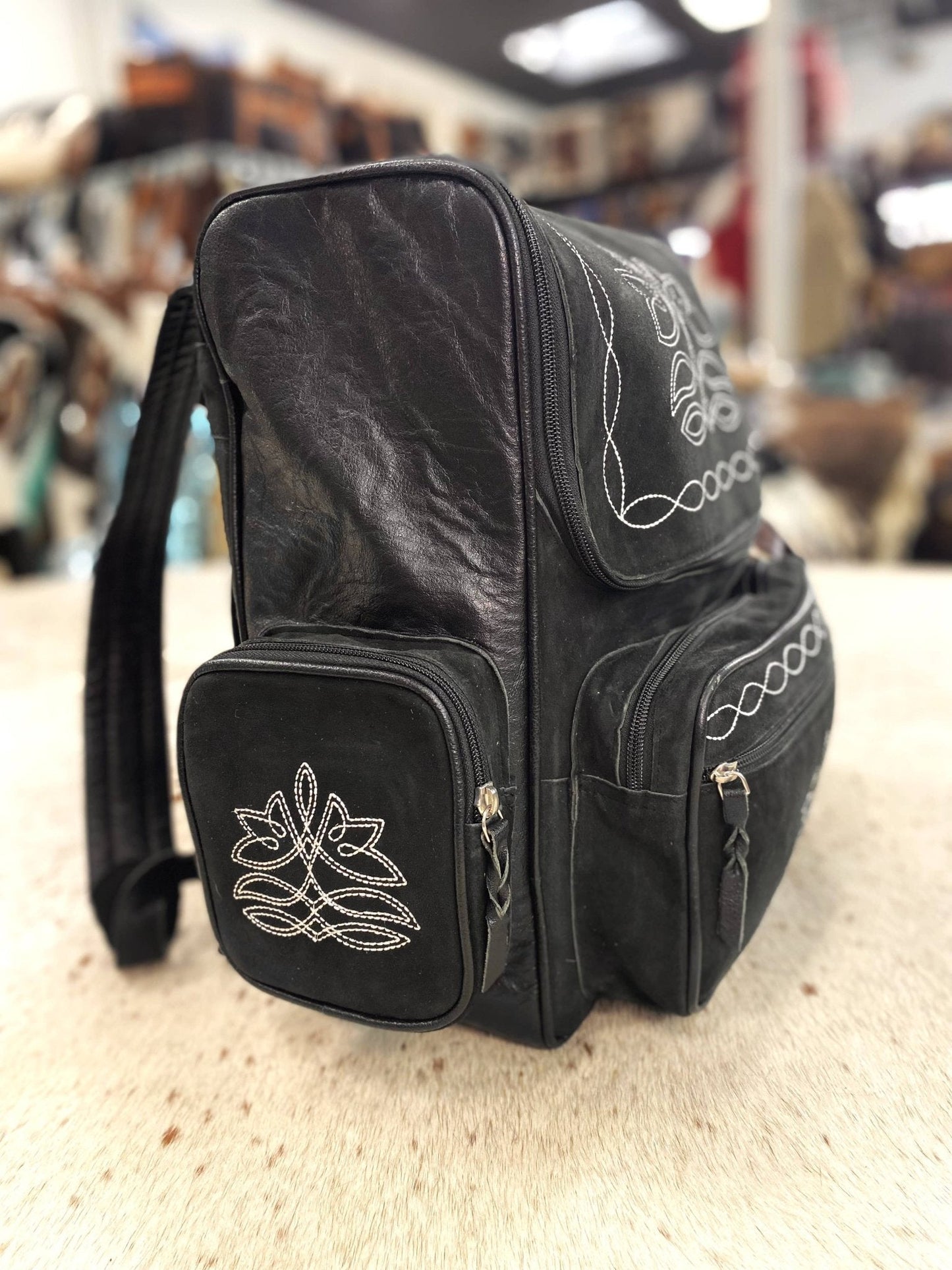 Western Black Suede Boot Stitch Backpack — Genuine Leather Western Statement