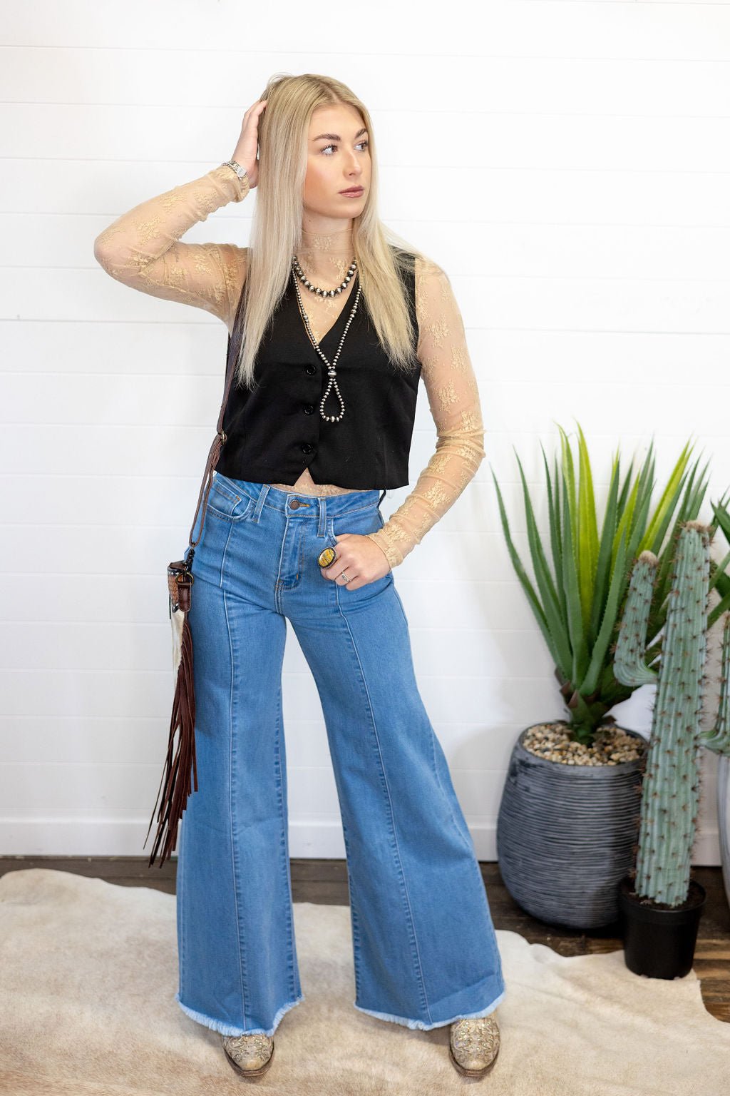 O2 Denim Front Seam Wide-Leg Western Jeans — Light Wash Mid-Rise Flare with Raw Hem & Front Seam Detail - size 30 remains