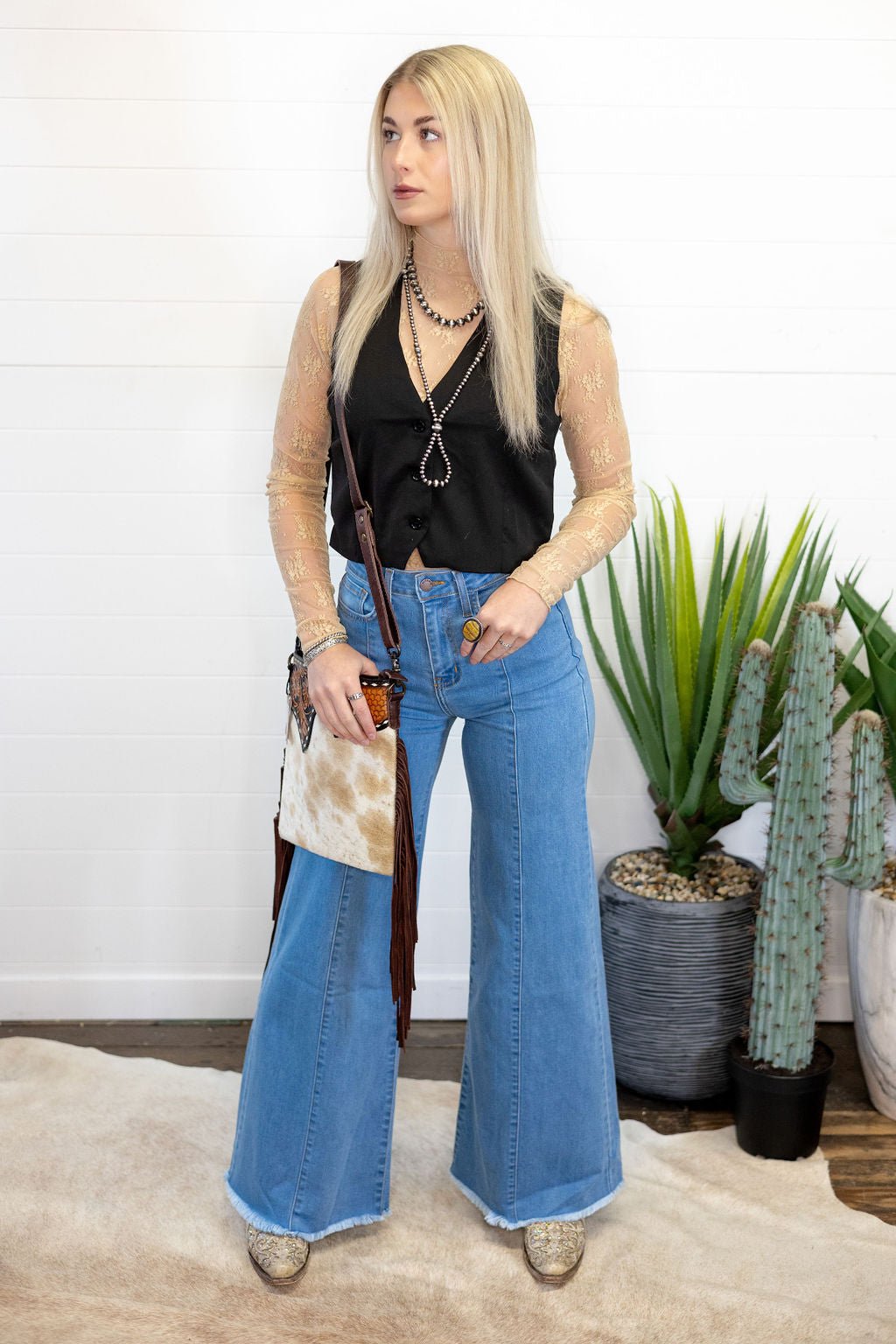 O2 Denim Front Seam Wide-Leg Western Jeans — Light Wash Mid-Rise Flare with Raw Hem & Front Seam Detail - size 30 remains