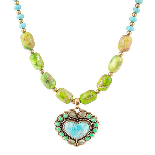 Legacy Heart Lime Green and Blue Turquoise Golden Pendant Necklace