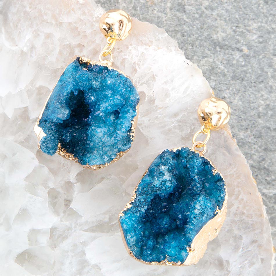 Blue Druzy Moon Post Earrings