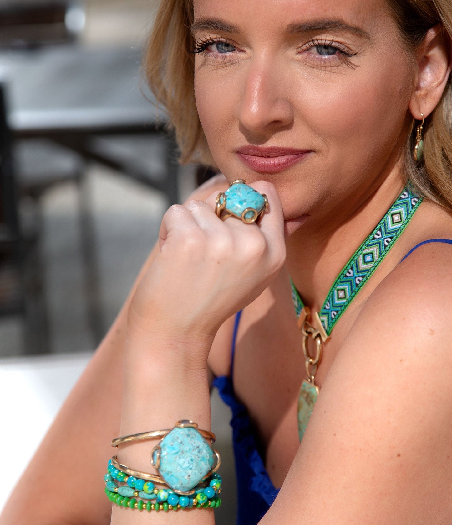Blue Turquoise Textile Blue and Green Ribbon Necklace