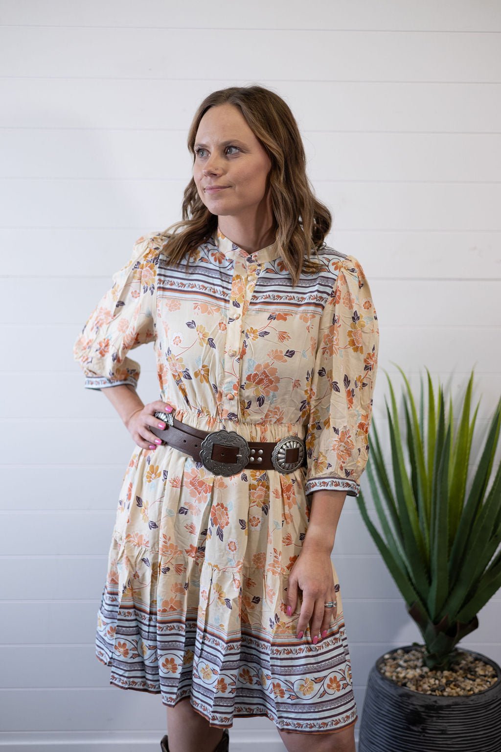 Umgee "Boho" A-Line Western Dress — Prairie Floral Print with 3/4 Balloon Sleeves & Button Placket