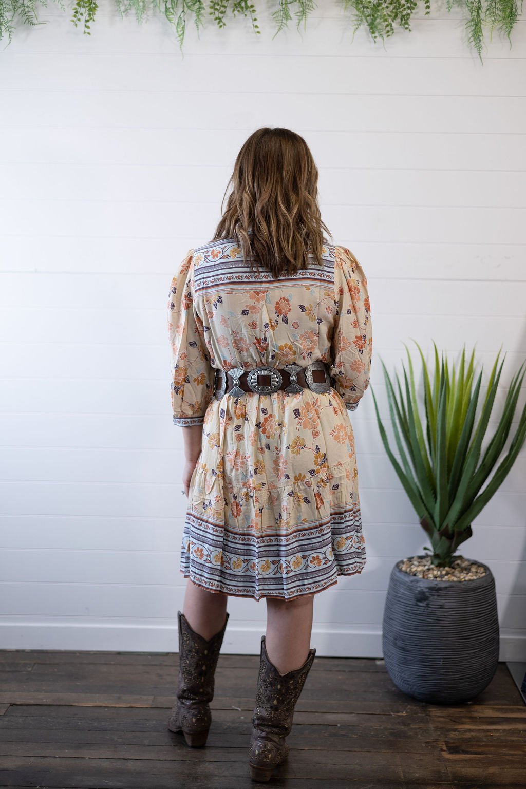 Umgee "Boho" A-Line Western Dress — Prairie Floral Print with 3/4 Balloon Sleeves & Button Placket