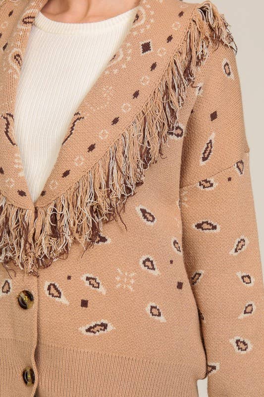 Paisley Printed Cardigan With Fringe Collar