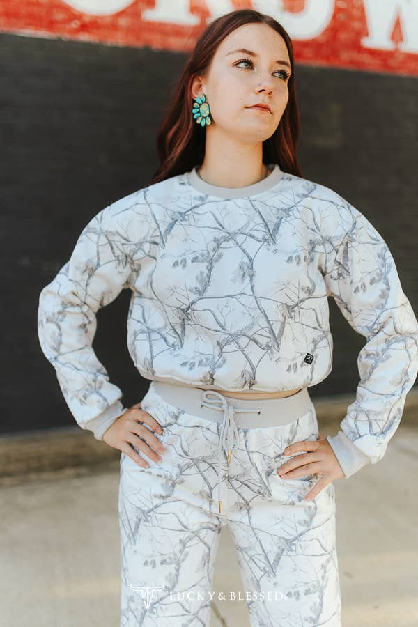 White Camo Print Cropped Sweatshirt & Pants Lounge Set