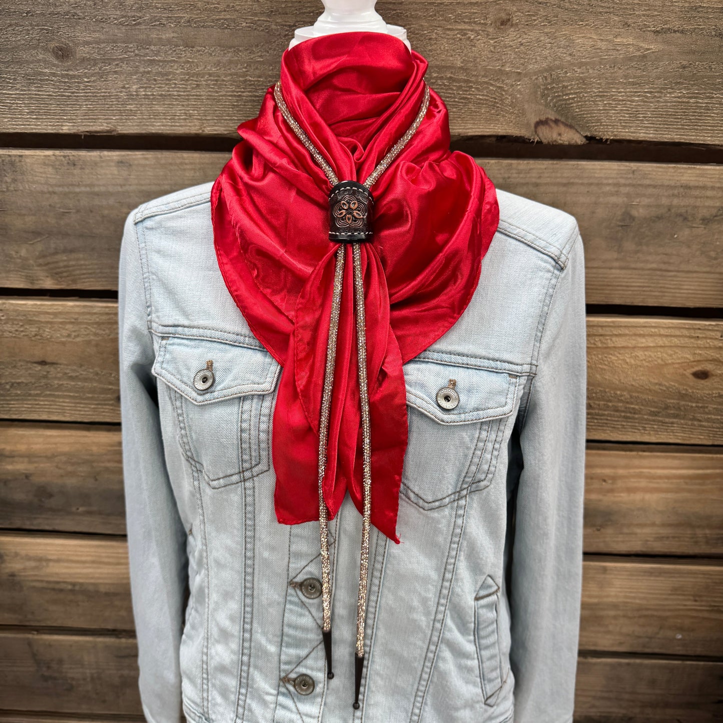 35X35" Solid Electric Red Wild Rag / Scarf - Leather Slide and Bolo Tie