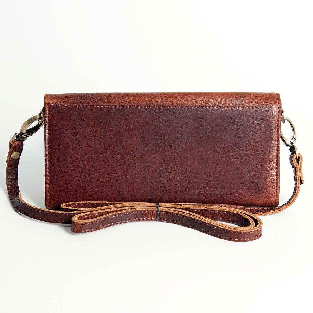 Western Cactus Fields Hand-Tooled Genuine Leather Bag/Wallet Hybrid — Vegetable Tanned American Leather