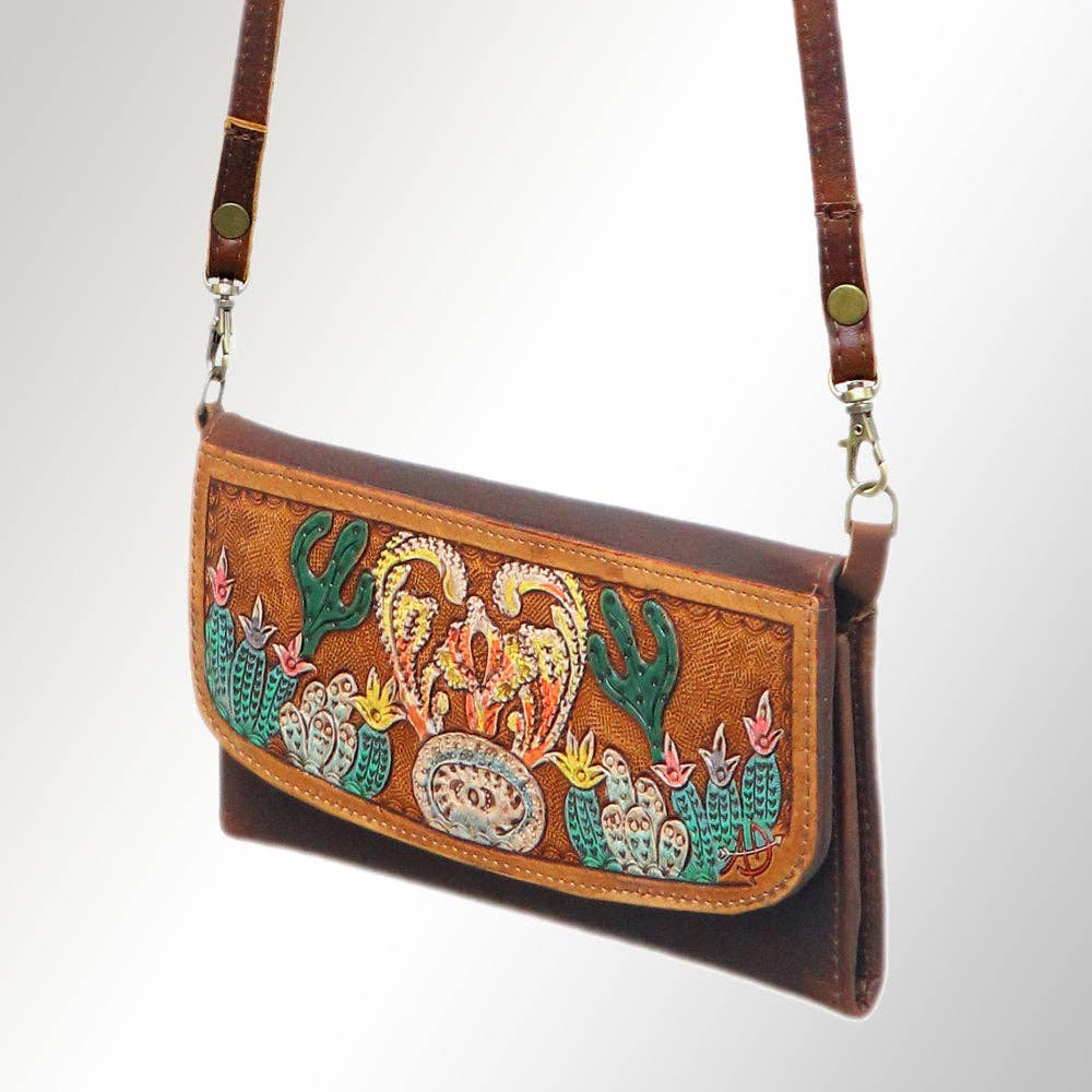 Western Cactus Fields Hand-Tooled Genuine Leather Bag/Wallet Hybrid — Vegetable Tanned American Leather
