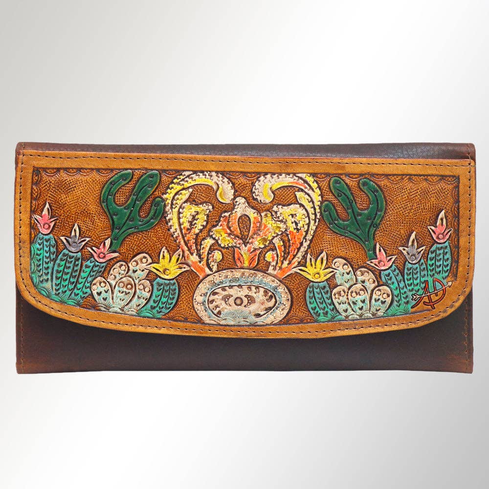 Western Cactus Fields Hand-Tooled Genuine Leather Bag/Wallet Hybrid — Vegetable Tanned American Leather