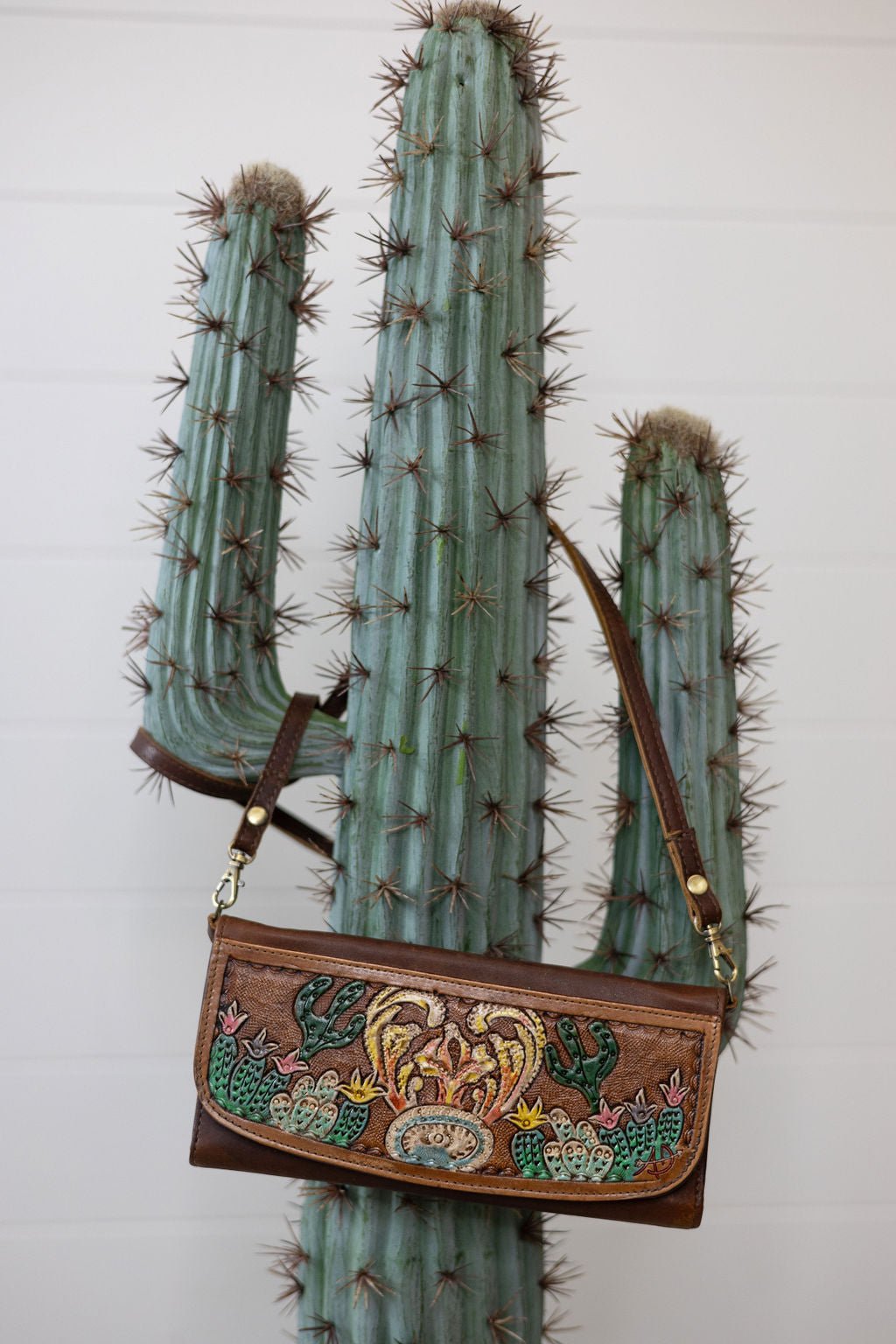 Western Cactus Fields Hand-Tooled Genuine Leather Bag/Wallet Hybrid — Vegetable Tanned American Leather
