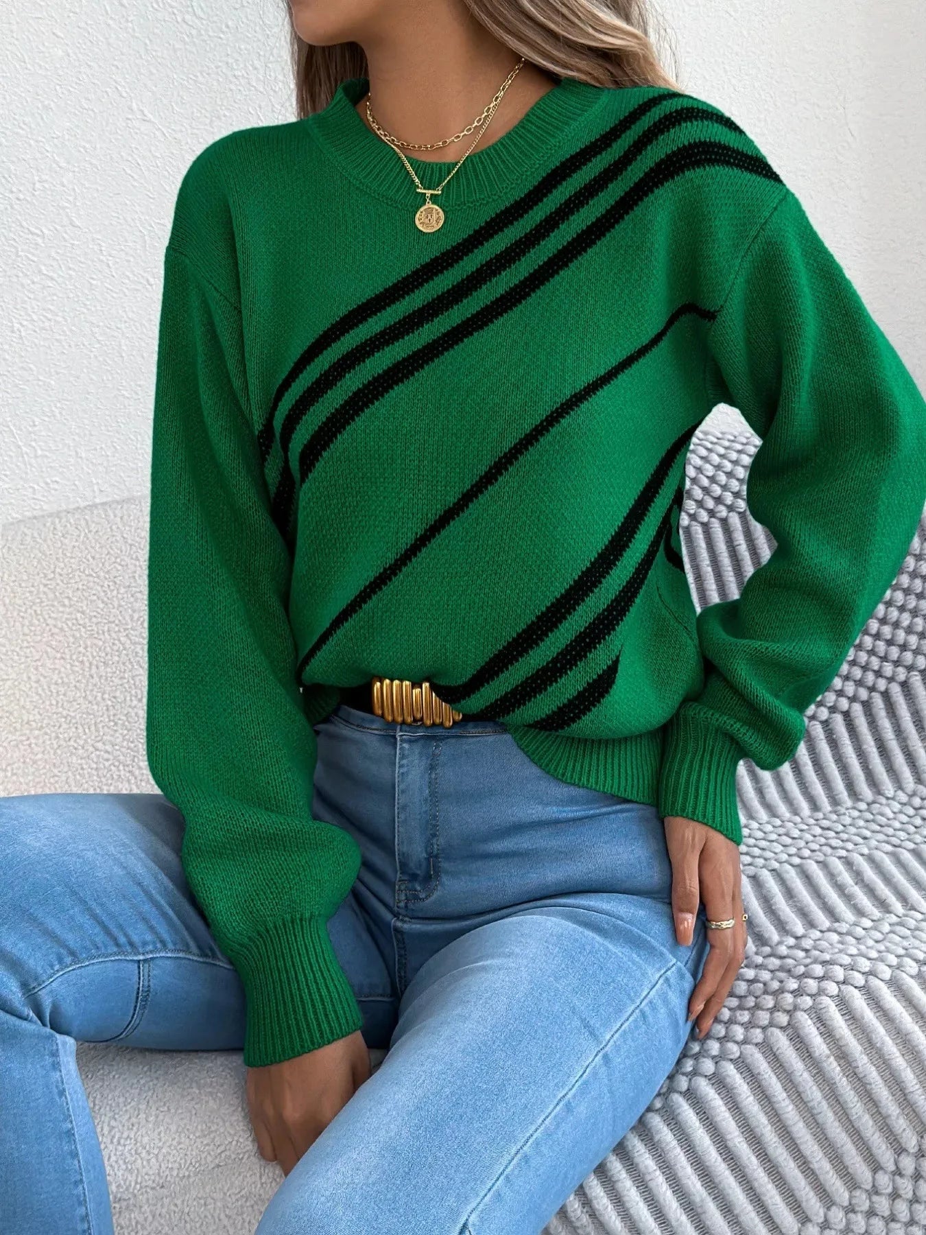 Carrier Striped Pattern Round Neck Sweater