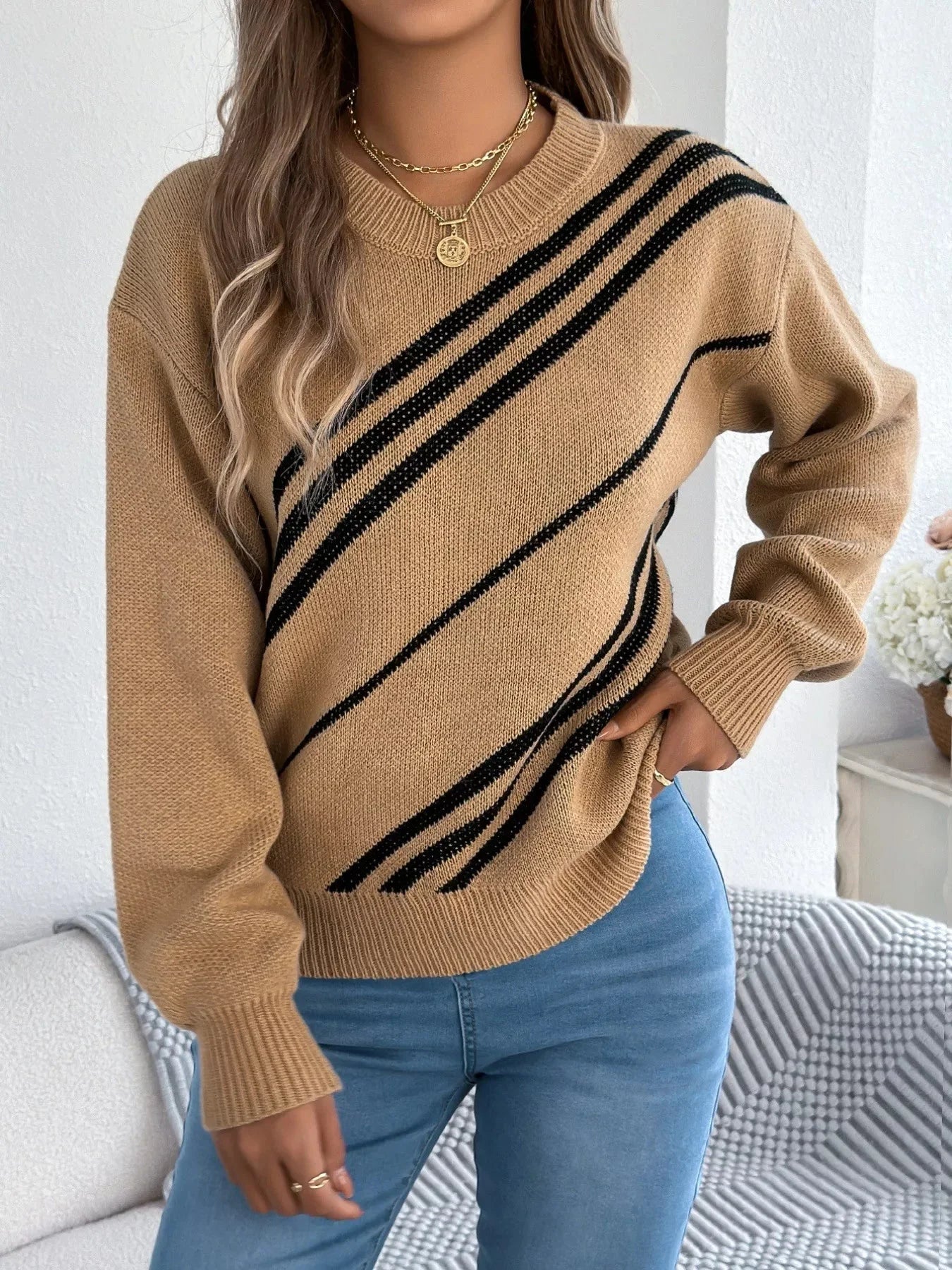 Carrier Striped Pattern Round Neck Sweater