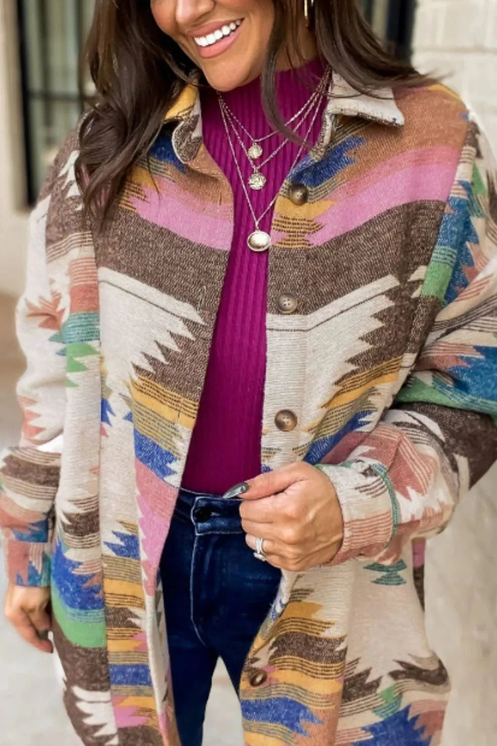 Cheri Geometric Button Up Long Sleeve Jacket