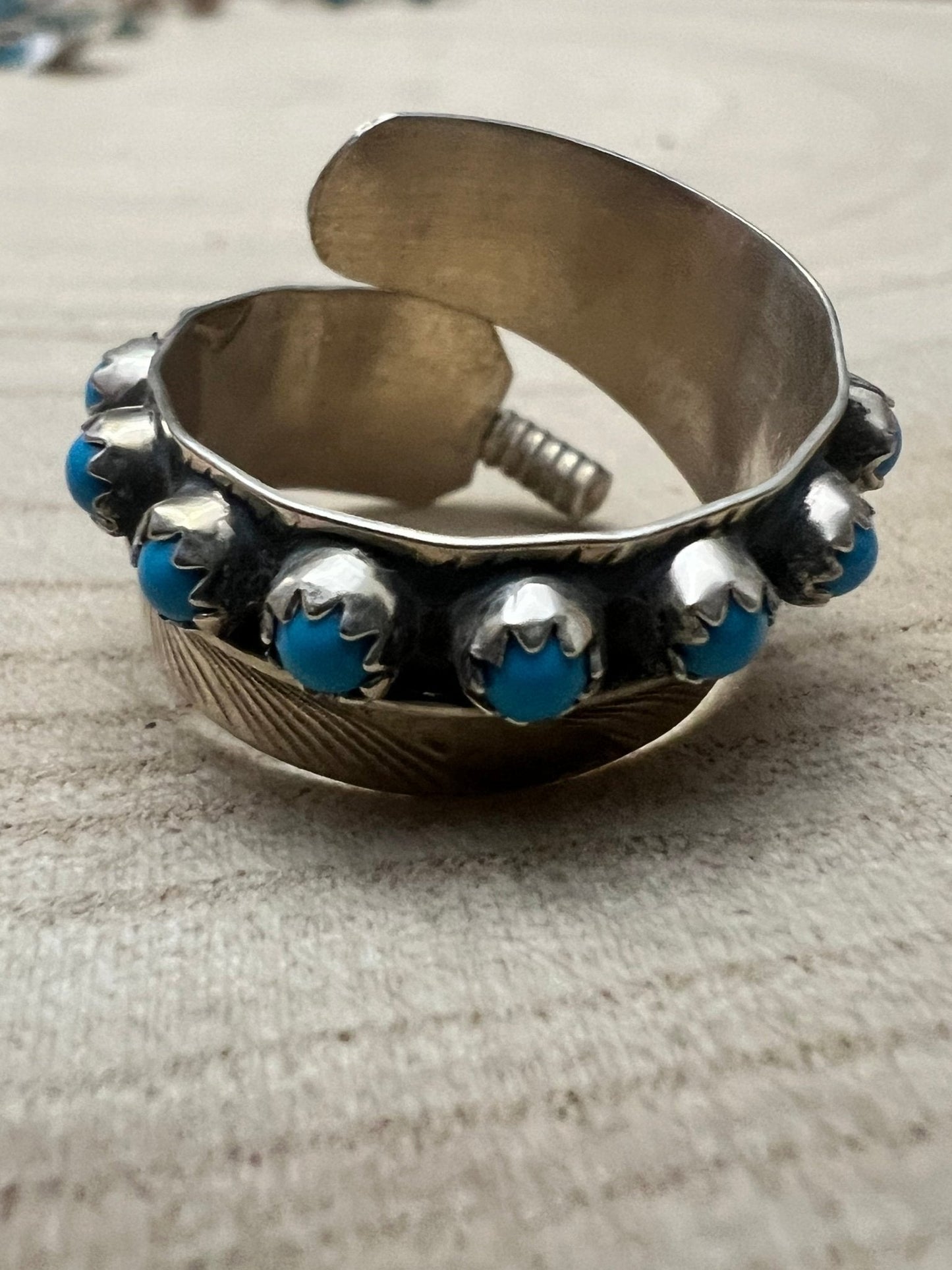 Chester Charley Navajo Kingman Turquoise Feather Adjustable Ring — Sterling Silver