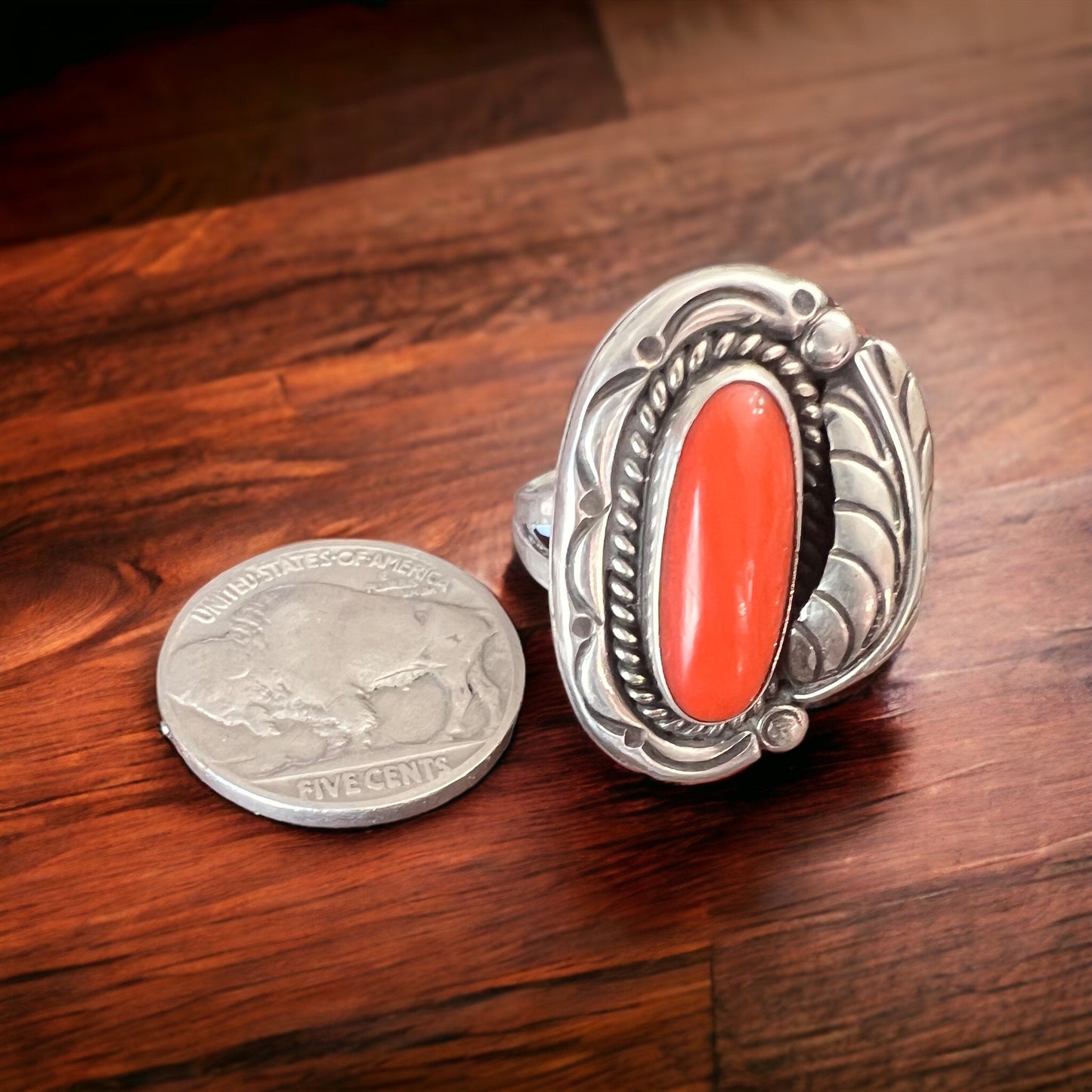 Hallmark LJ Sterling Silver Coral Ring with Leaf Detail — Size 6.5 (Vintage Native American)