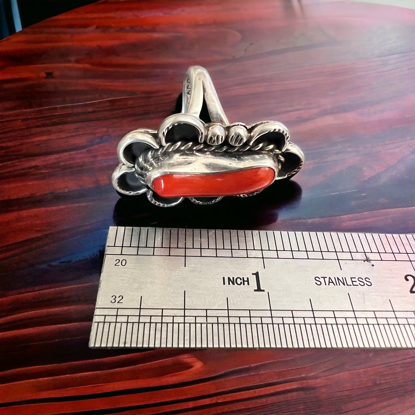 Annie Chapo Hand-Stamped Sterling Silver Coral Ring — Size 7 (Vintage Native American)