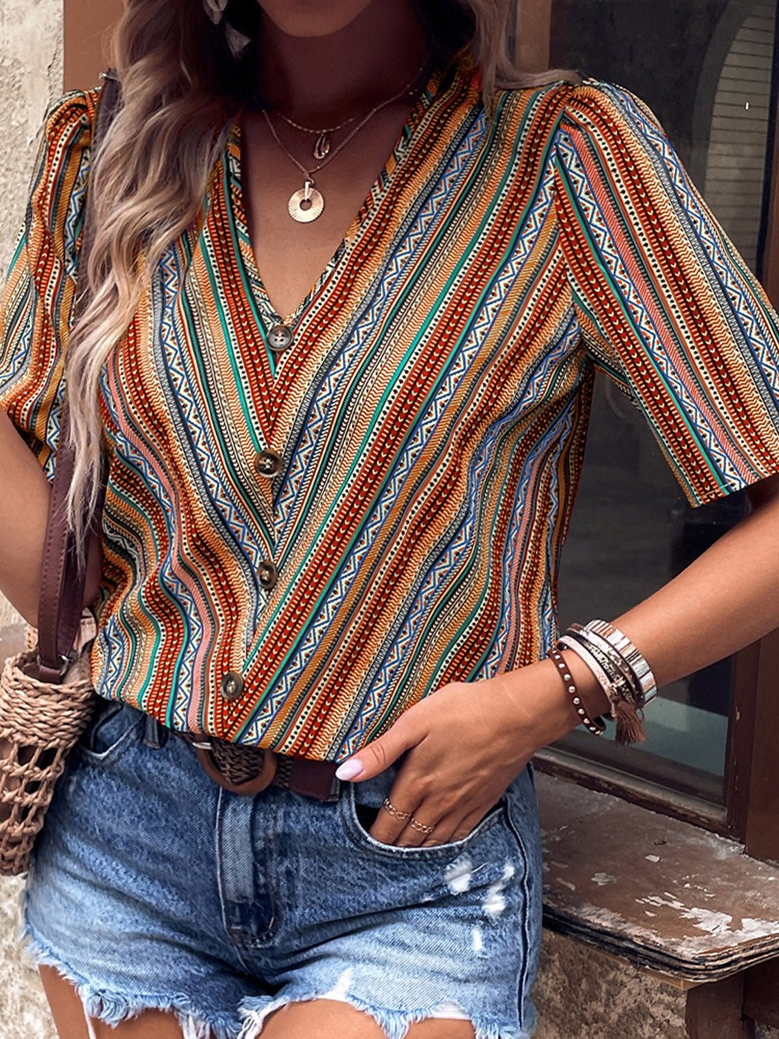 Corrie Opaque V-Neck Button-Up Short Sleeve Top